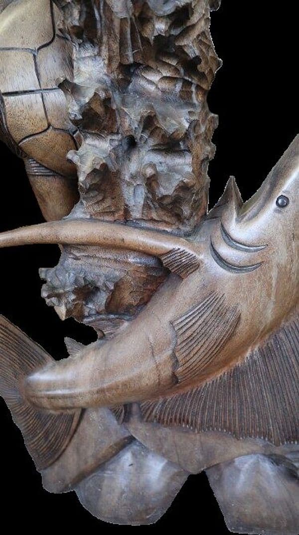 Scultura Marina in Teak Massello – Marlin e Tartaruga Intagliati a Mano (100x50x15 cm) - 9