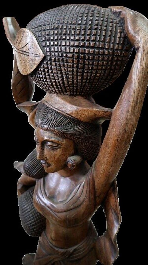 Statua in Teak Massello – Donna Indonesiana con Frutti – H100 cm - 7