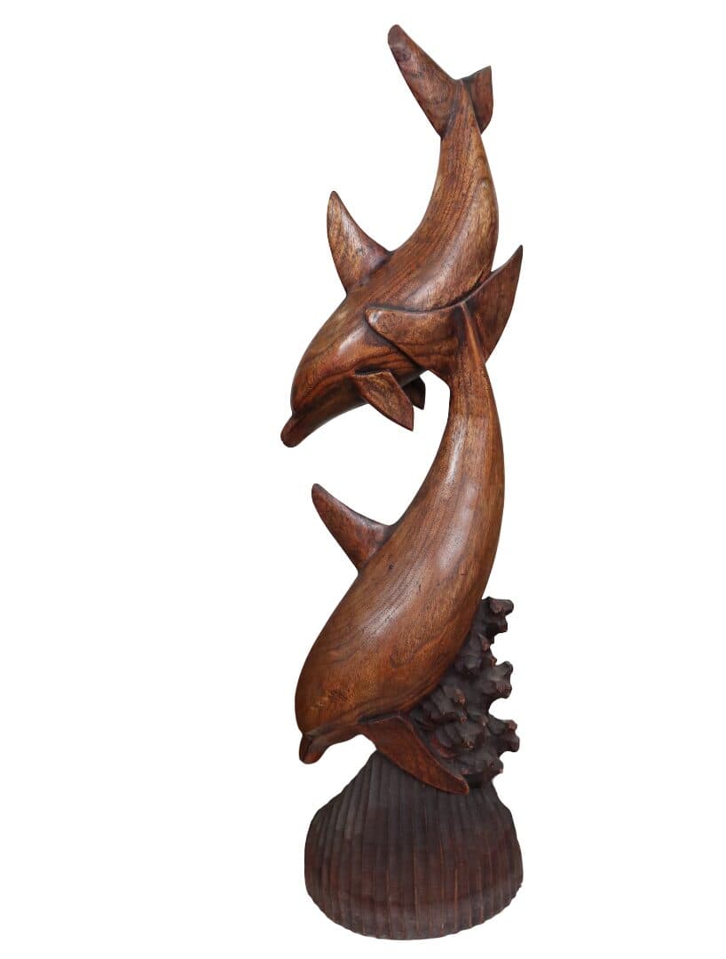 Scultura Delfini in Legno di Teak 24x10x80 cm – Statua Artigianale Realizzata a Mano in Indonesia - 2