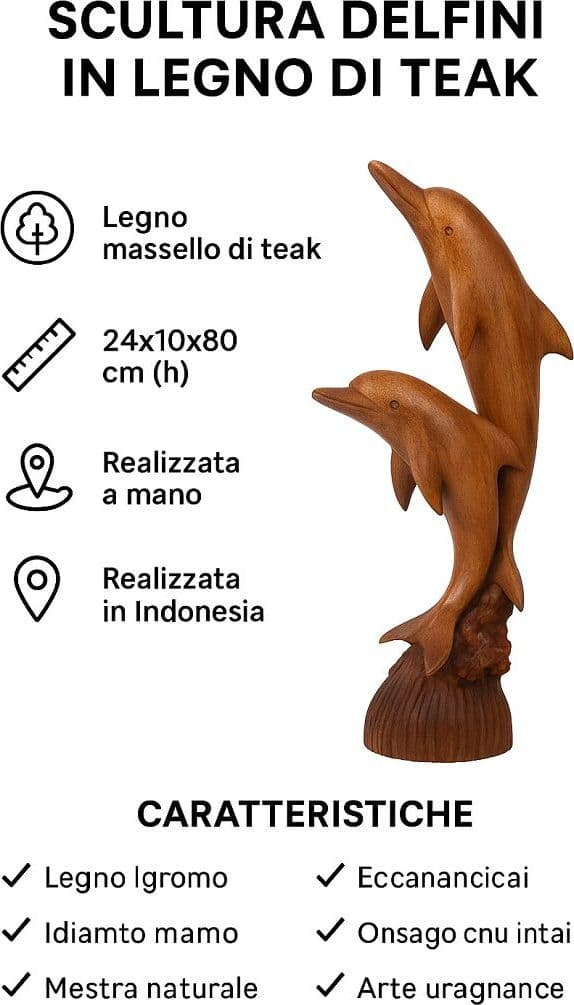 Scultura Delfini in Legno di Teak 24x10x80 cm – Statua Artigianale Realizzata a Mano in Indonesia - 8