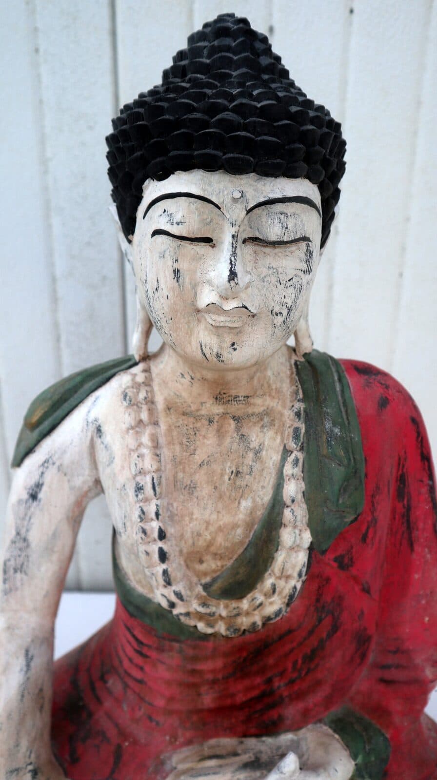 Buddha scultura il legno massello noce indiano o suar  cm 50hx40x18 rosso e bianco anticato - 2