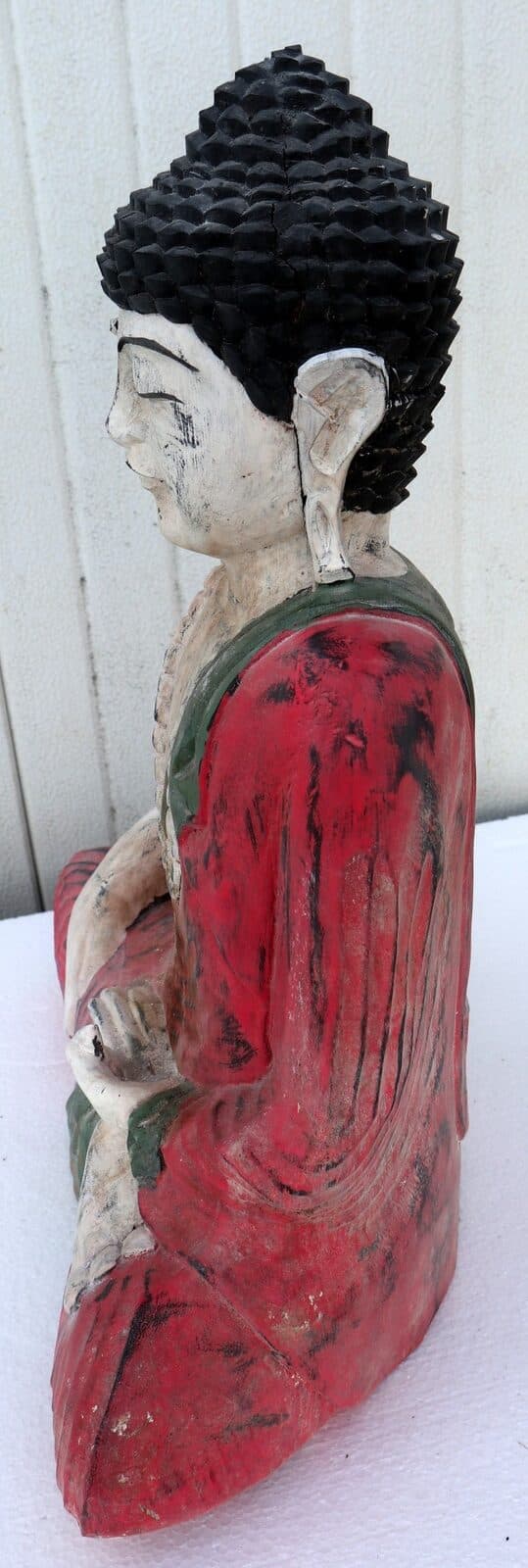 Buddha scultura il legno massello noce indiano o suar  cm 50hx40x18 rosso e bianco anticato - 5