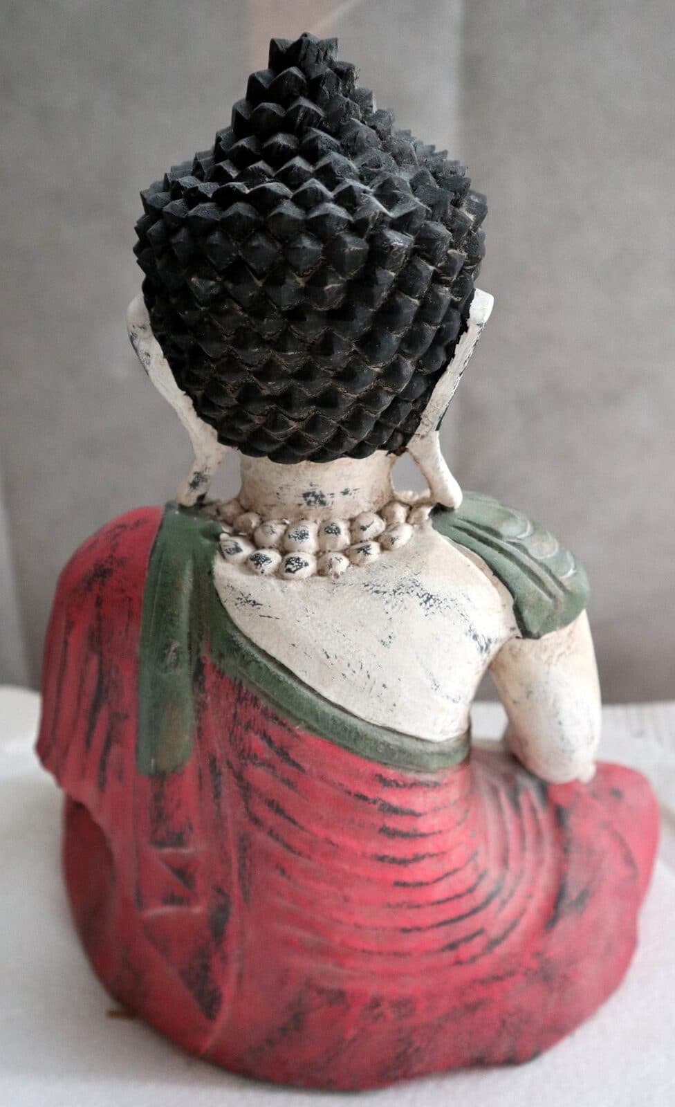 Buddha scultura il legno massello noce indiano o suar  cm 27x13x30h bianco rosso anticato  statua - 4