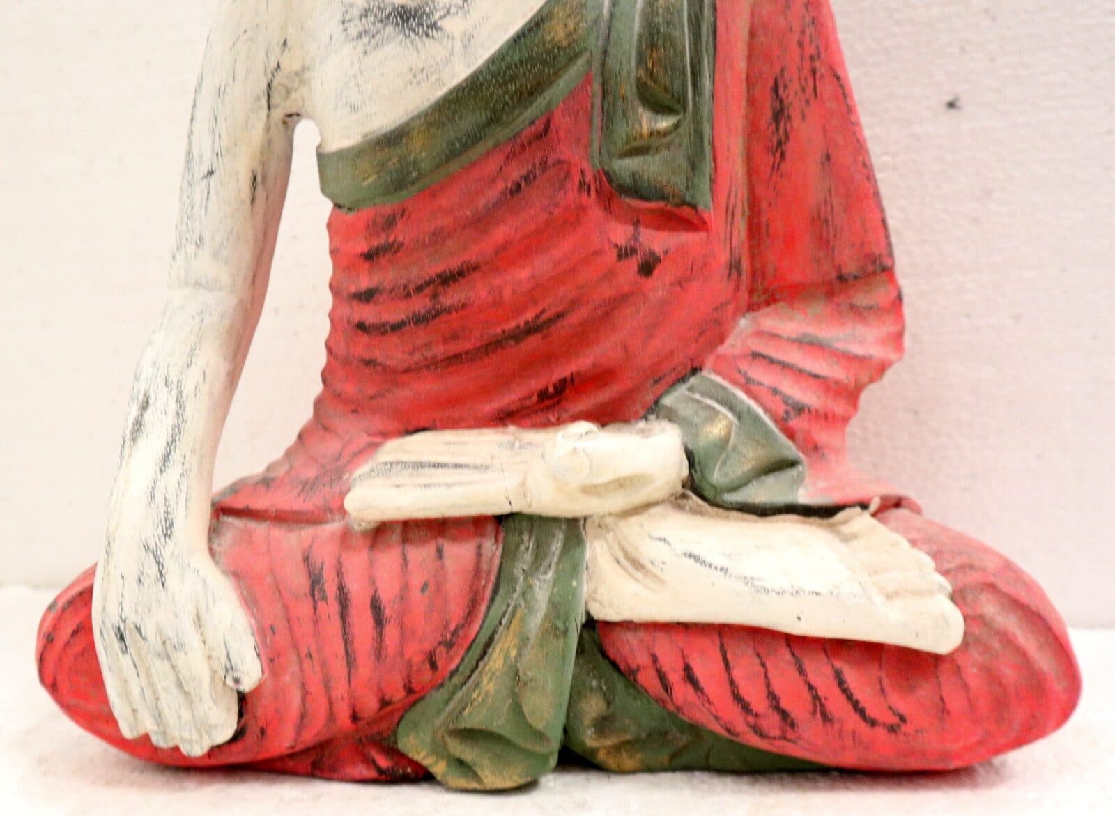 Buddha scultura il legno massello noce indiano o suar  cm 26x10x33h bianco rosso anticato  statua - 3