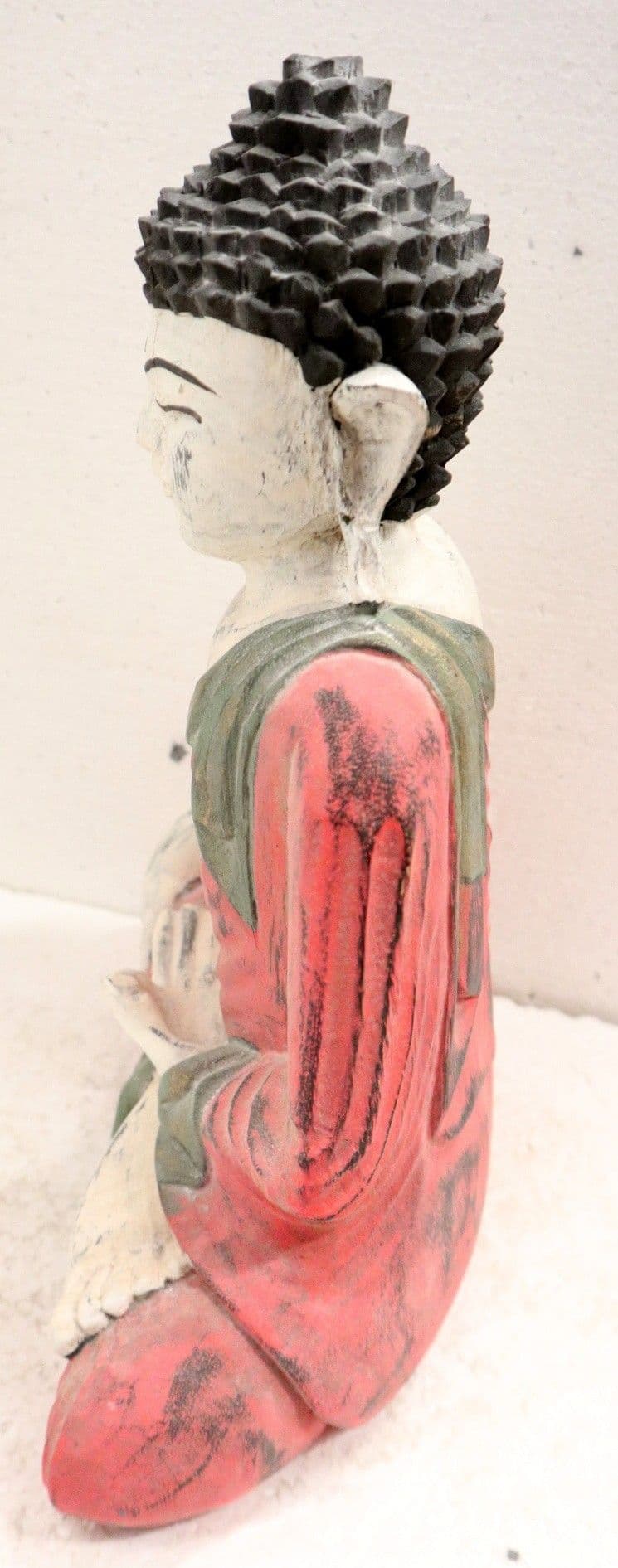 Buddha scultura il legno massello noce indiano o suar  cm 26x10x33h bianco rosso anticato  statua - 4