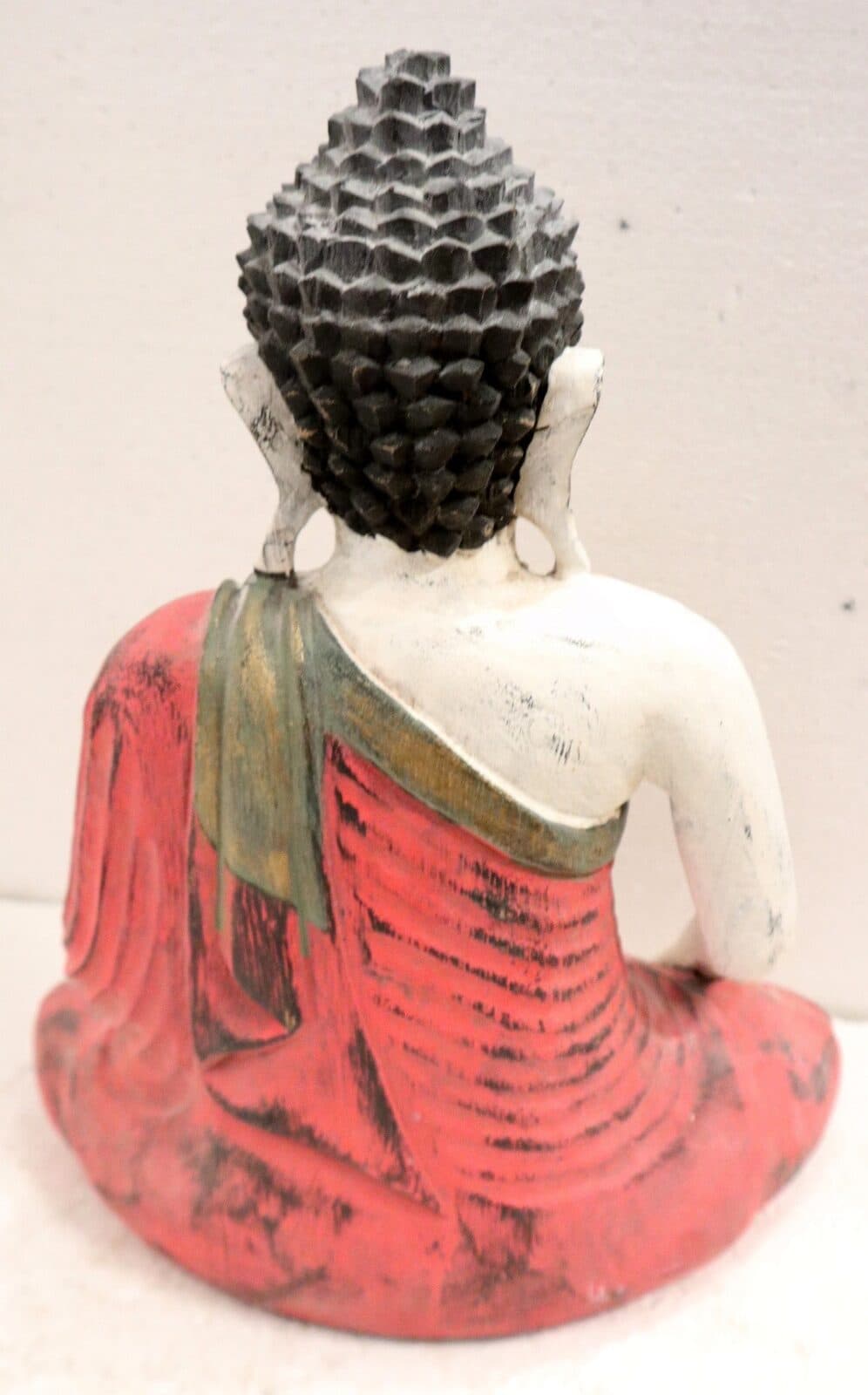 Buddha scultura il legno massello noce indiano o suar  cm 26x10x33h bianco rosso anticato  statua - 5