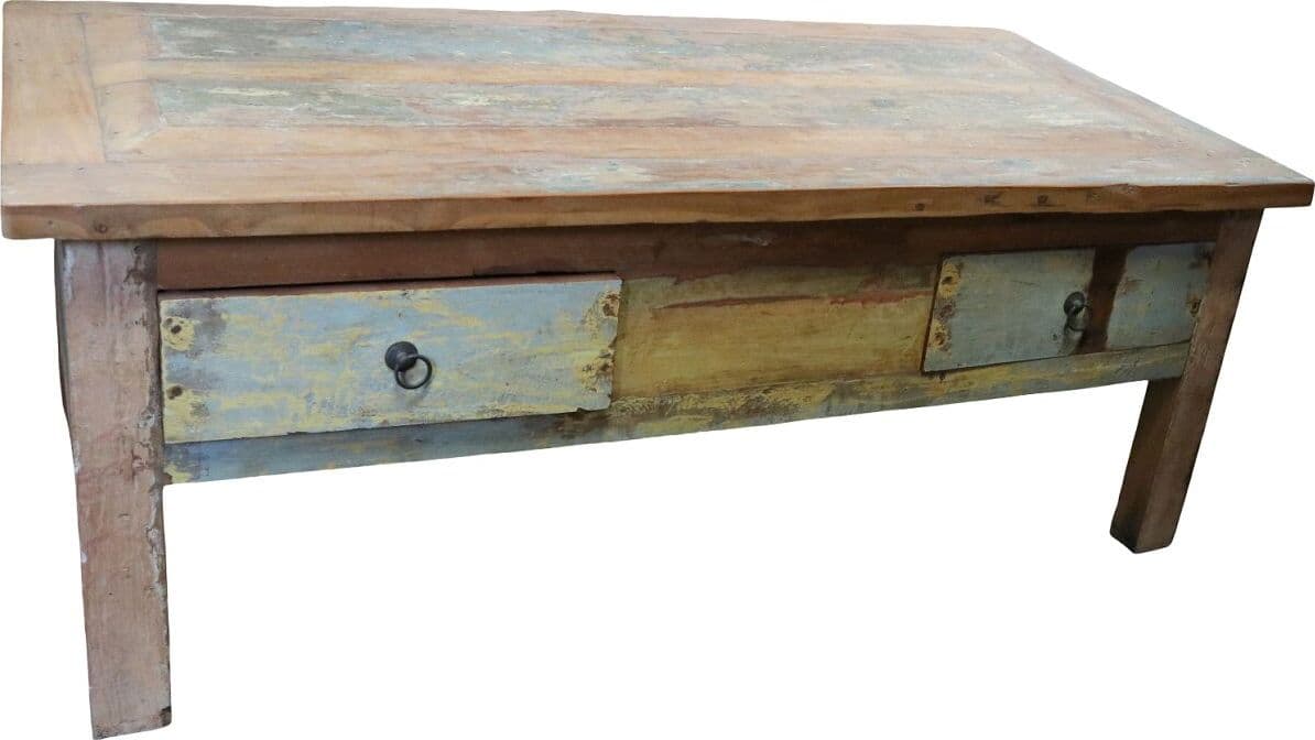 Tavolino da Caffè Vintage in Legno di Recupero Indonesiano 120x60 cm – Artigianale con Cassetti e Top Rialzato - 2