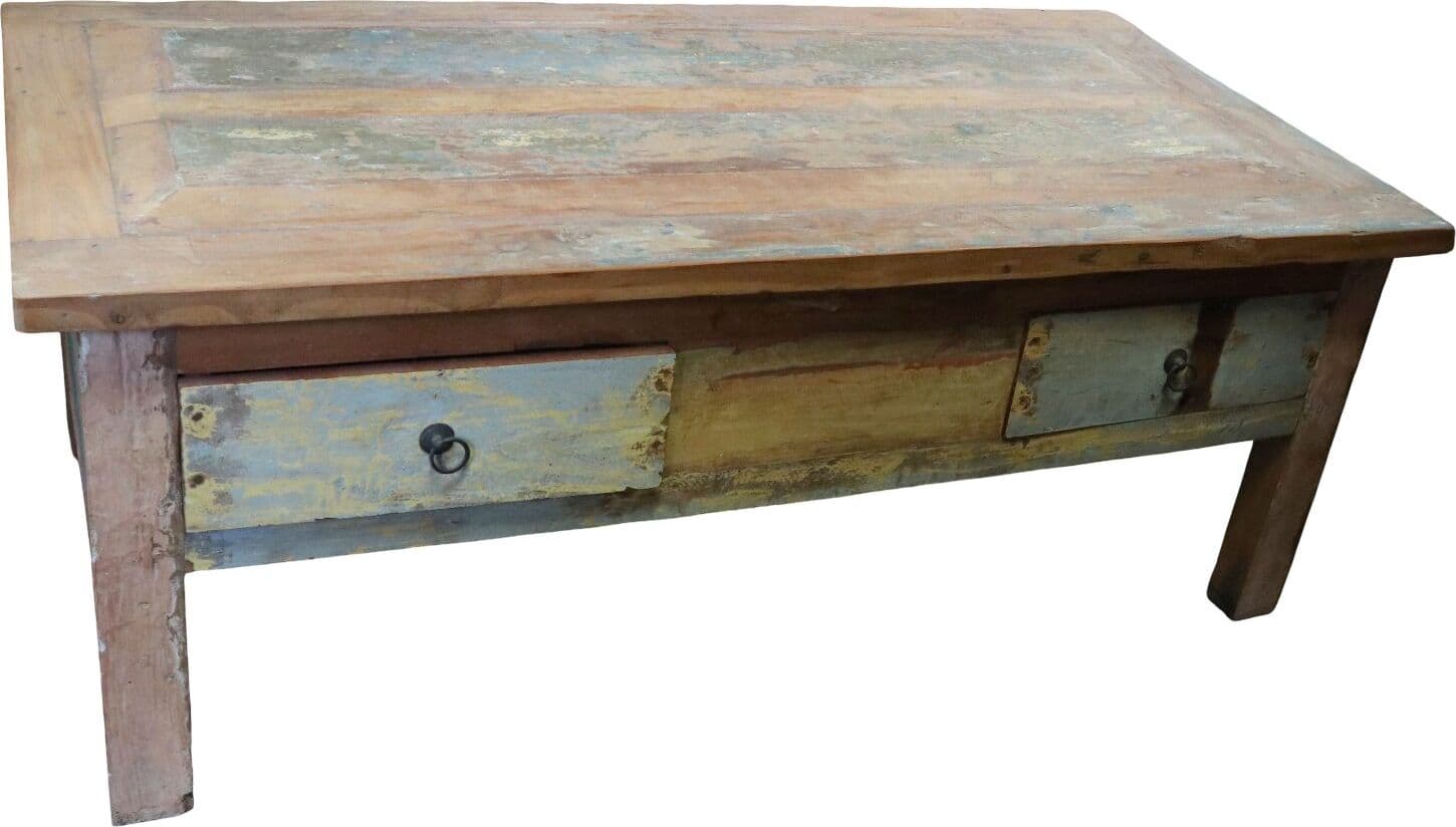 Tavolino da Caffè Vintage in Legno di Recupero Indonesiano 120x60 cm – Artigianale con Cassetti e Top Rialzato - 3