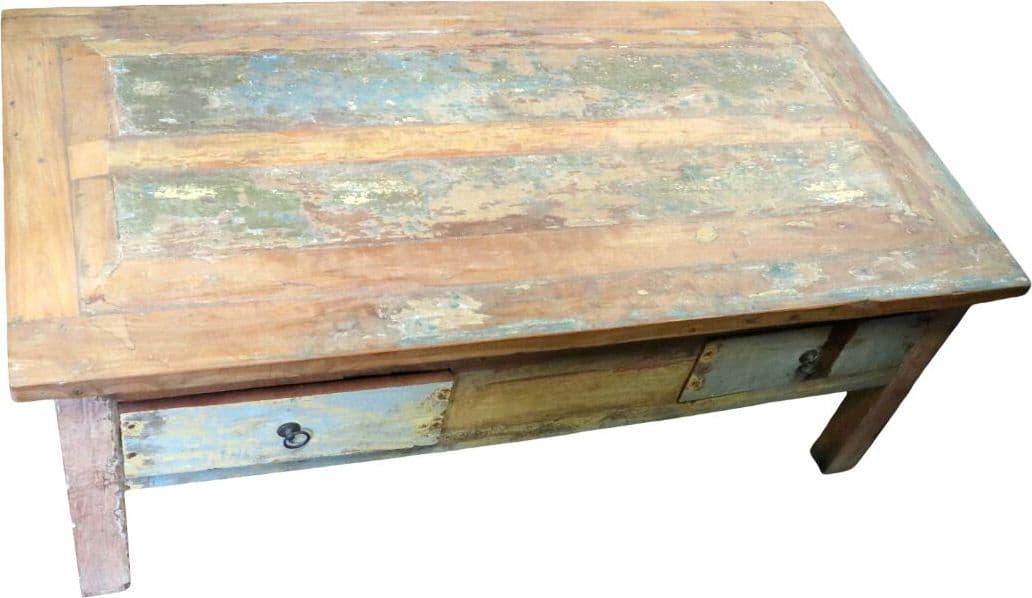 Tavolino da Caffè Vintage in Legno di Recupero Indonesiano 120x60 cm – Artigianale con Cassetti e Top Rialzato - 4