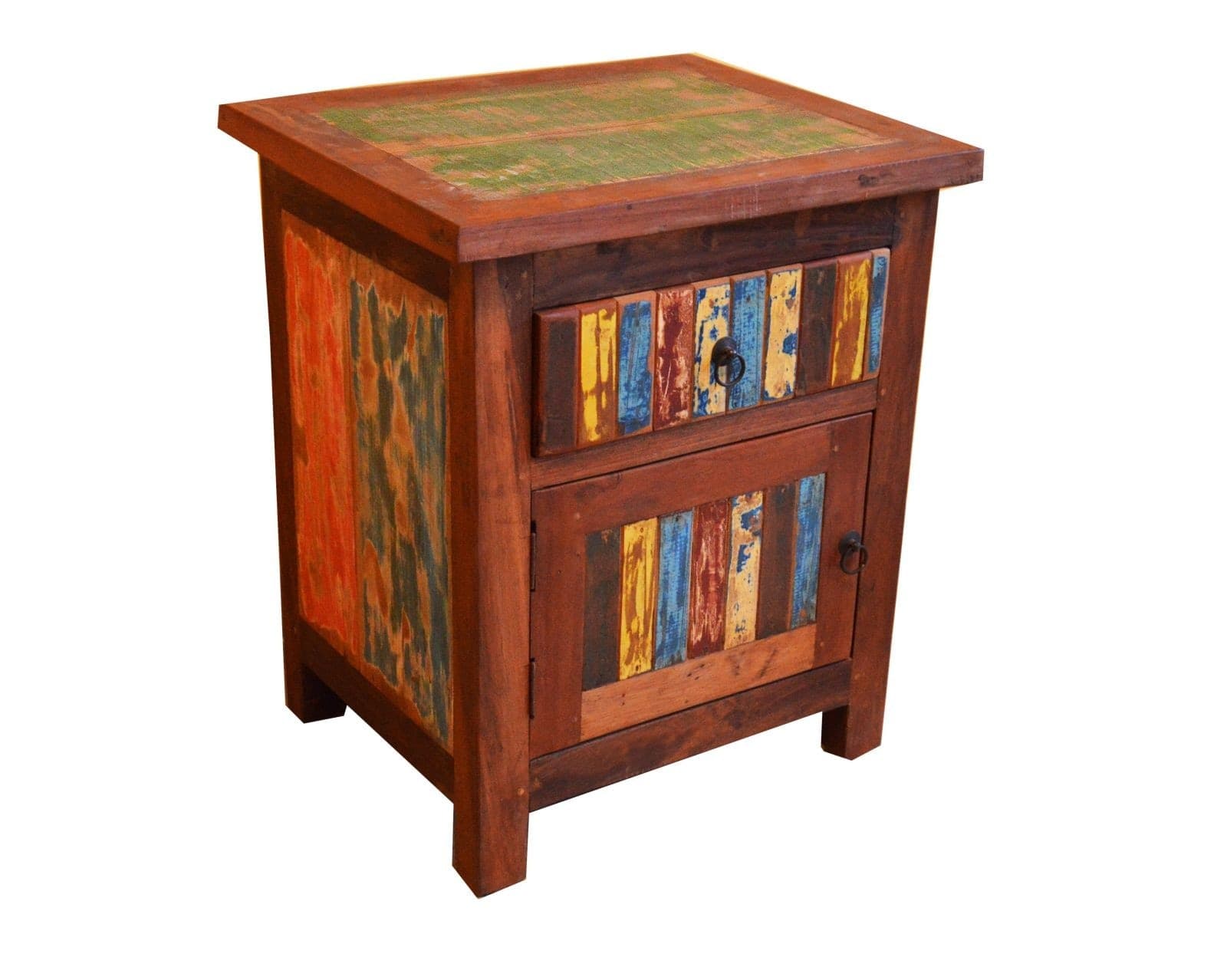 COMODINO INDUSTRIAL LEGNO RICICLATO COLORATO SPORTELLI E CASSETTI CM H60X50X43 - 5