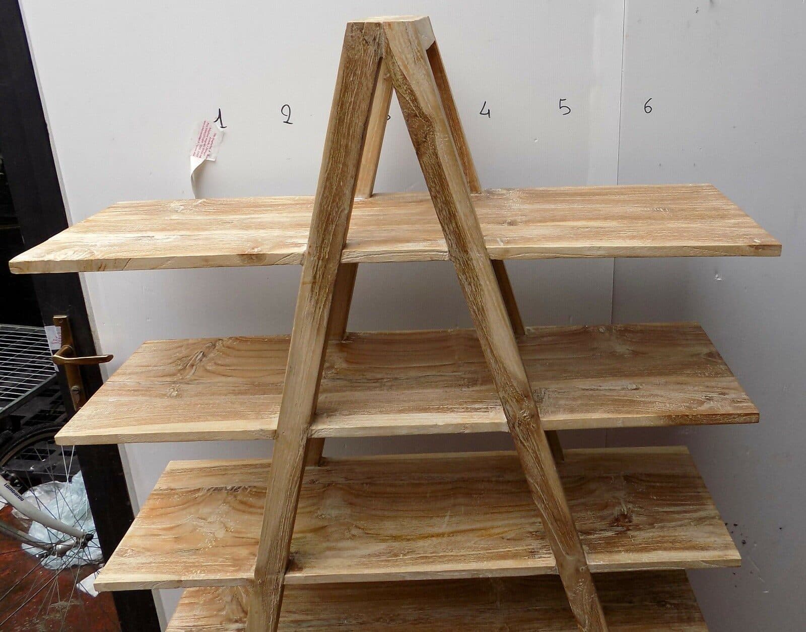 Libreria in legno di teak massello ad "A" color bianco decapato cm 170hx100x30 - 3
