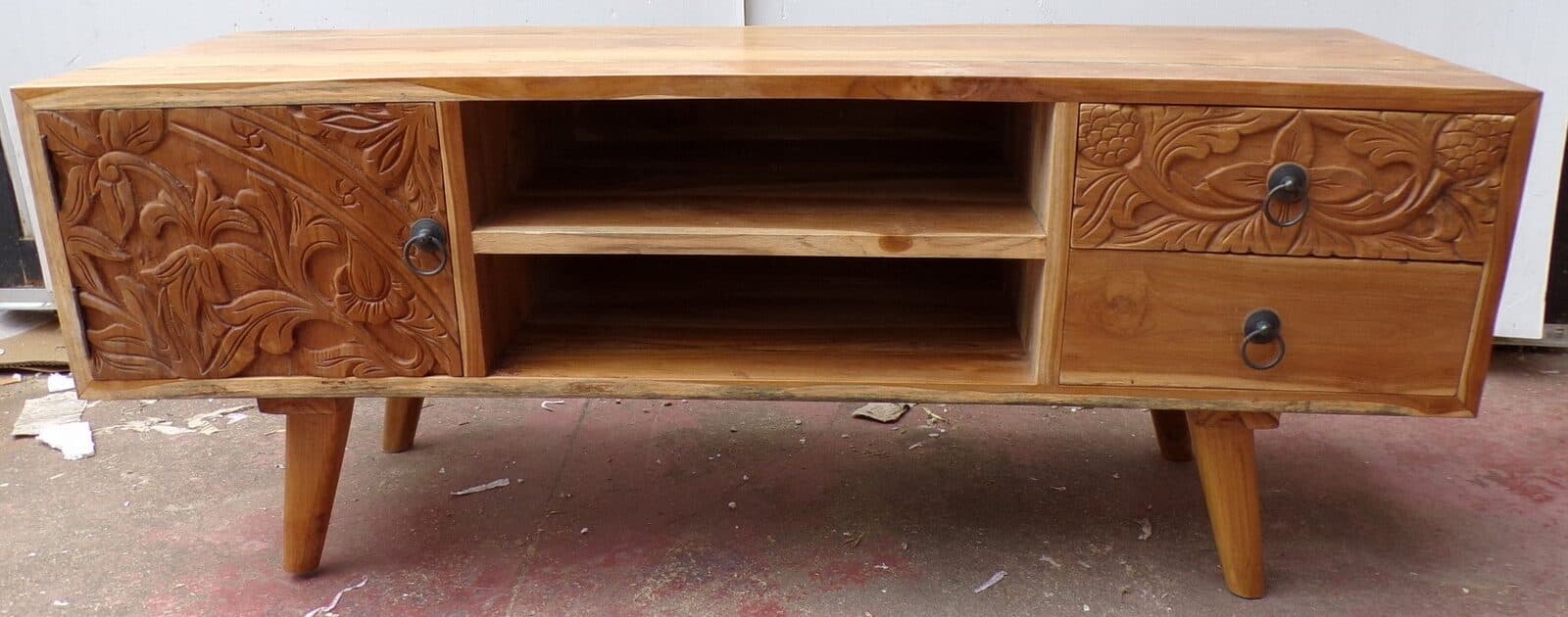 Mobile porta Tv in legno di teak color naturale con cassetti e anta intarsiate  cm 117x40x48 - 2