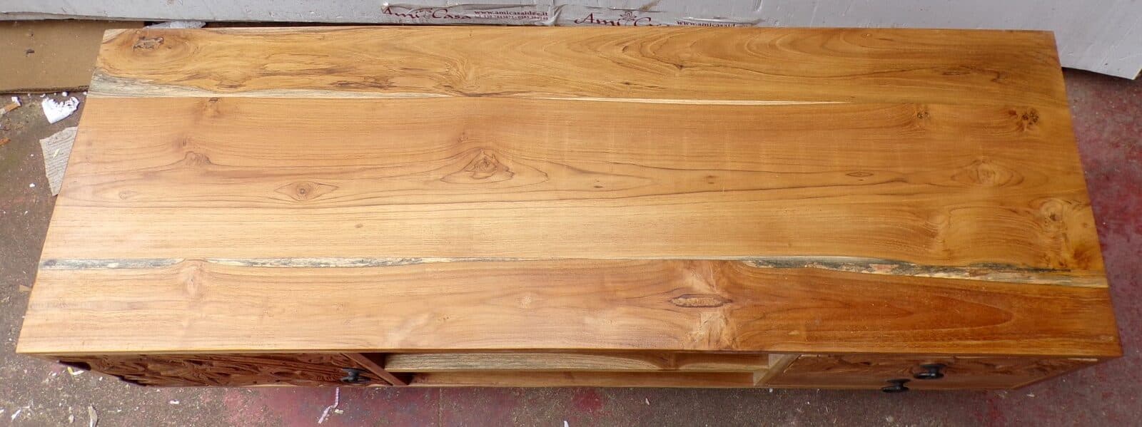 Mobile porta Tv in legno di teak color naturale con cassetti e anta intarsiate  cm 117x40x48 - 3