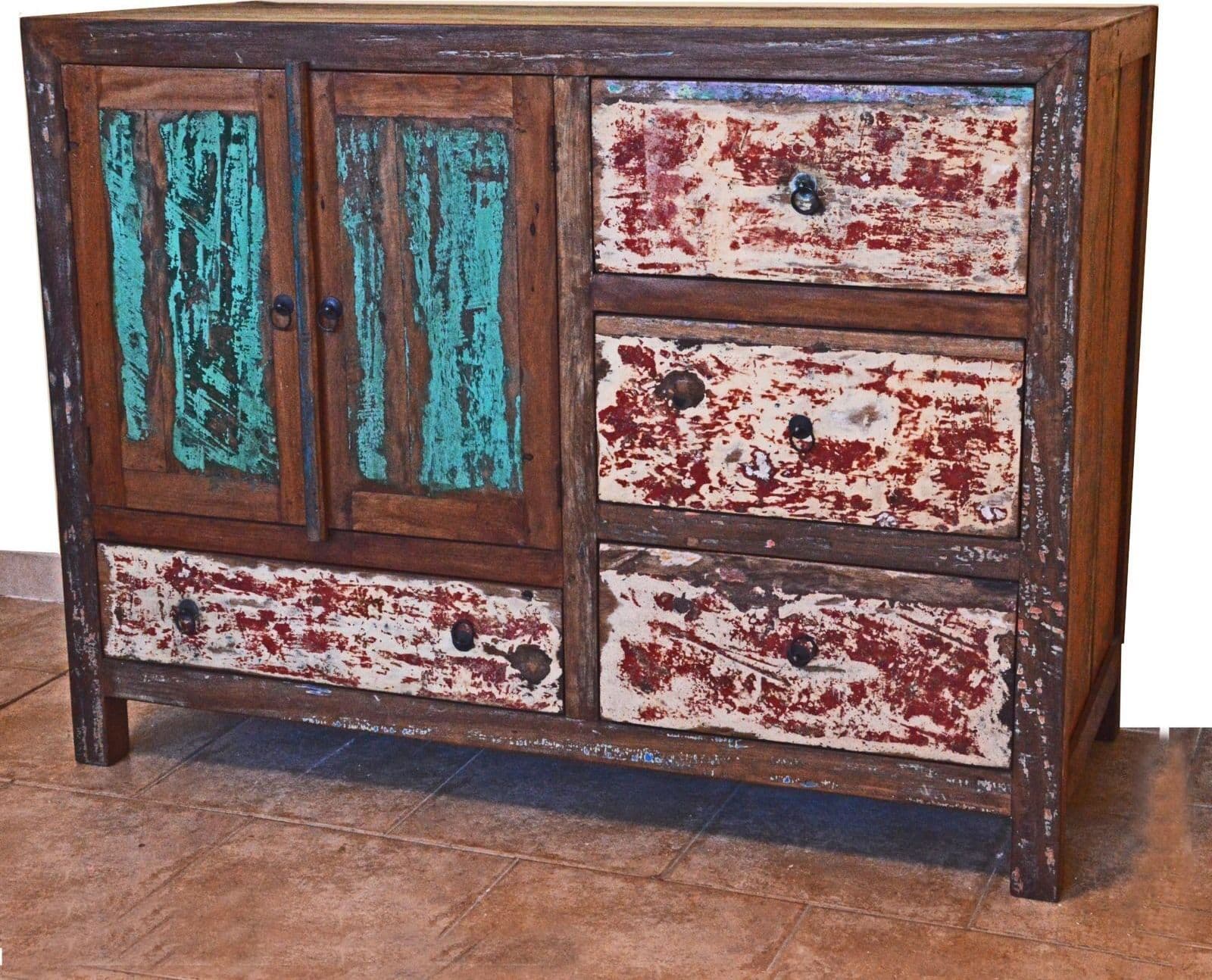 COMO' INDUSTRIAL CON LEGNO RICICLATO COLORATO VERDE/ROSSO CM H90X120X50 CON CASSETTI ED ANTE - 2