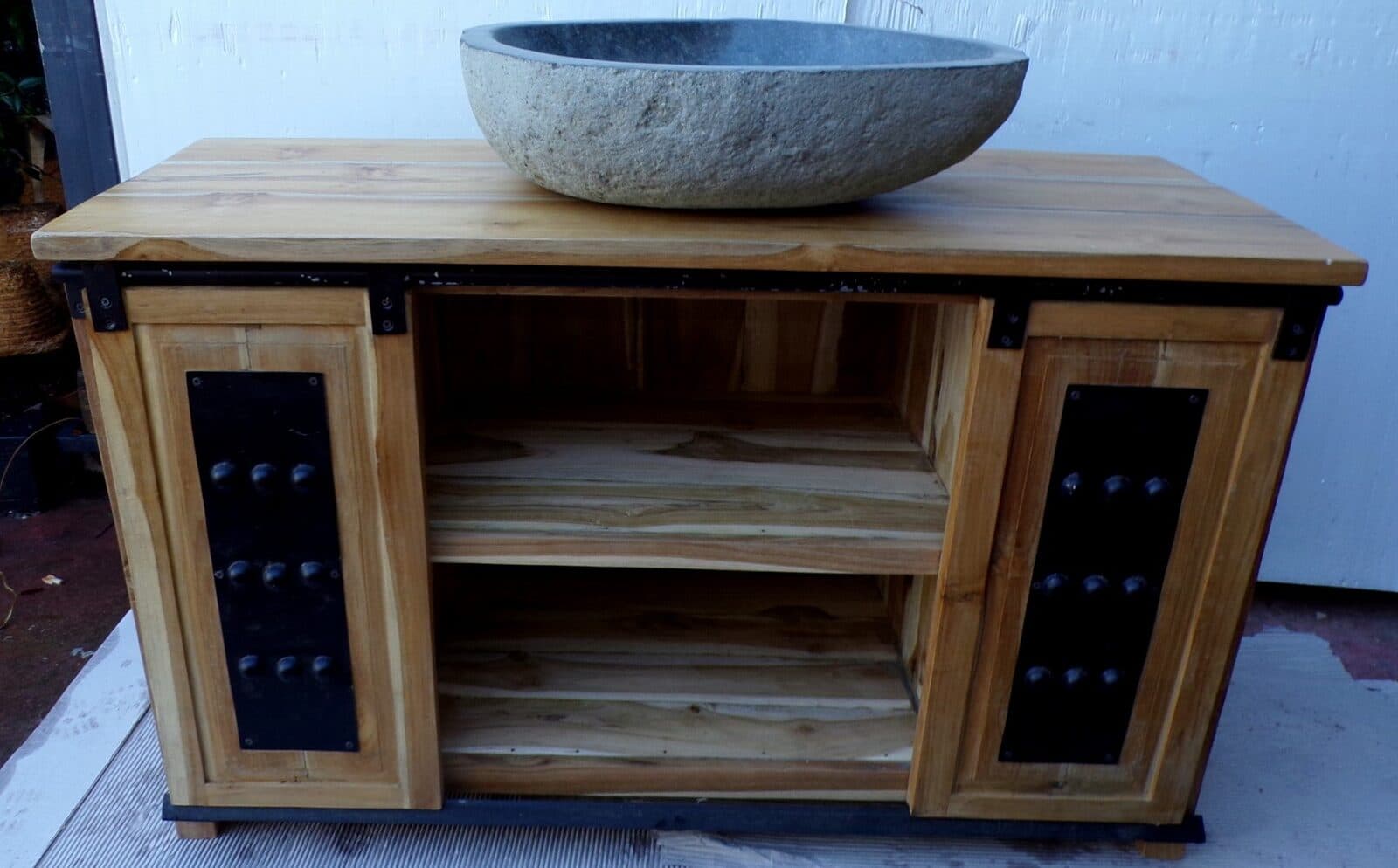 Mobile bagno o porta TV in Teak massello cm 120x45x75h con metallo ante scorrevoli industrial - 2
