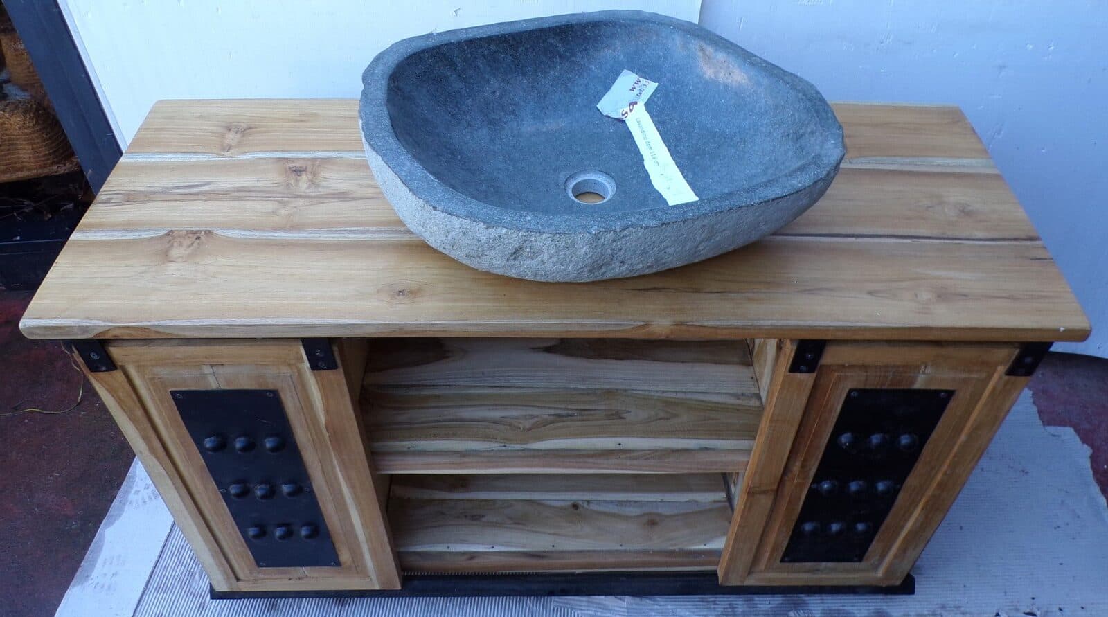 Mobile bagno o porta TV in Teak massello cm 120x45x75h con metallo ante scorrevoli industrial - 3