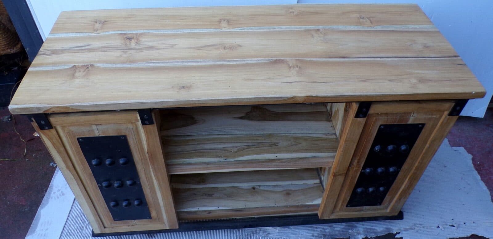 Mobile bagno o porta TV in Teak massello cm 120x45x75h con metallo ante scorrevoli industrial - 5