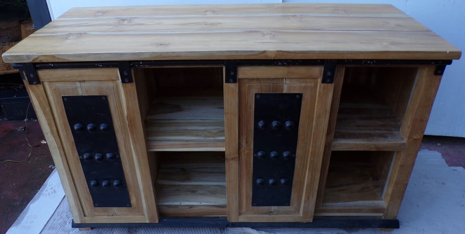 Mobile bagno o porta TV in Teak massello cm 120x45x75h con metallo ante scorrevoli industrial - 6