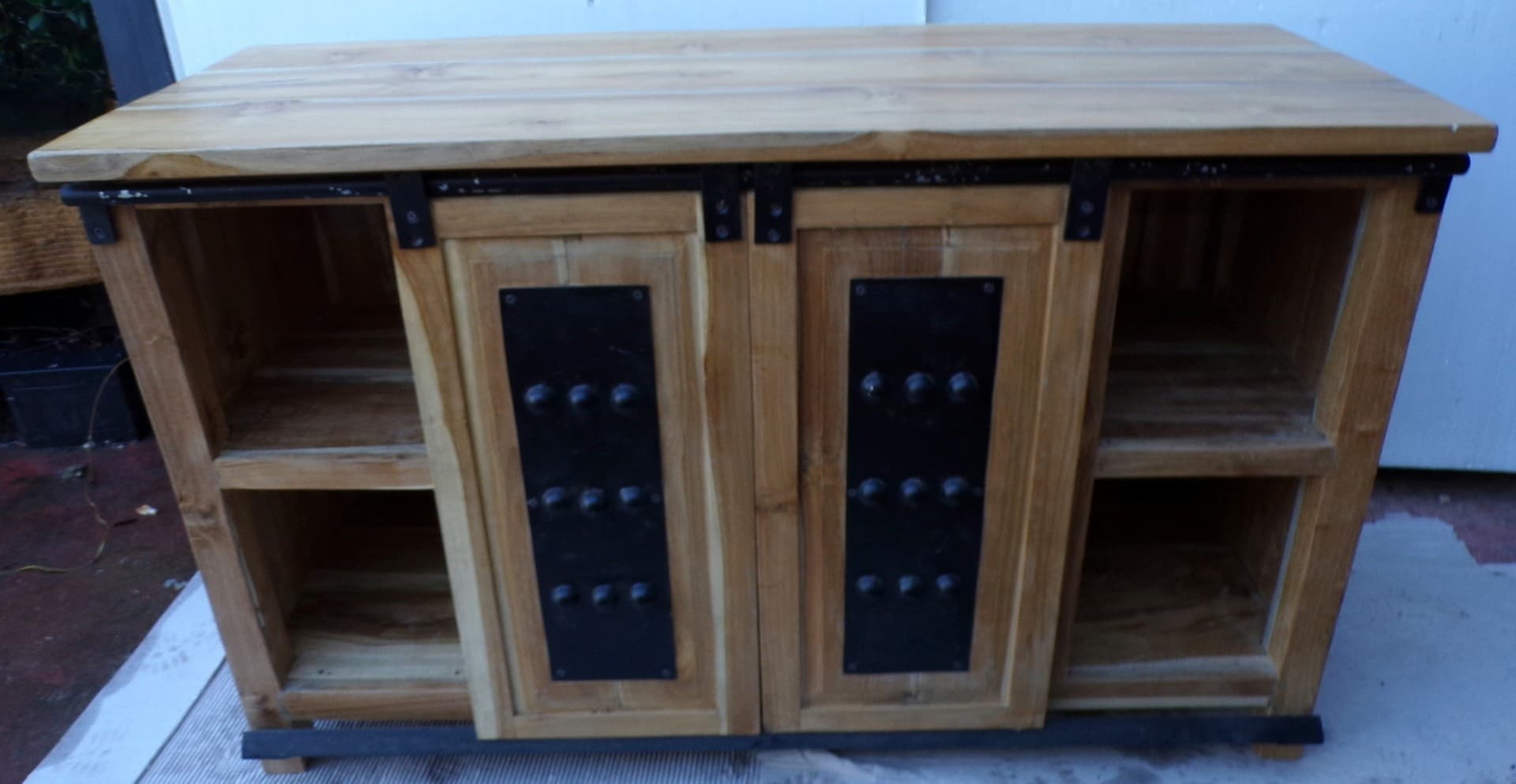 Mobile bagno o porta TV in Teak massello cm 120x45x75h con metallo ante scorrevoli industrial - 7