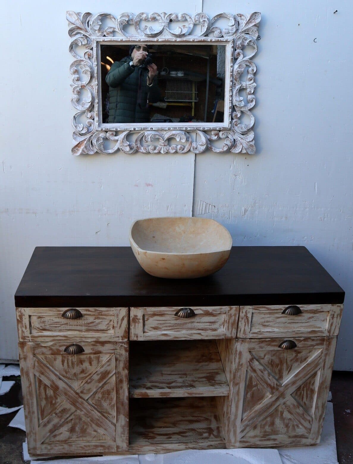 Mobile bagno  o porta TV in Teak massello  cm 120x45x75h decapato con ante e cassetti o porta Tv country - 2