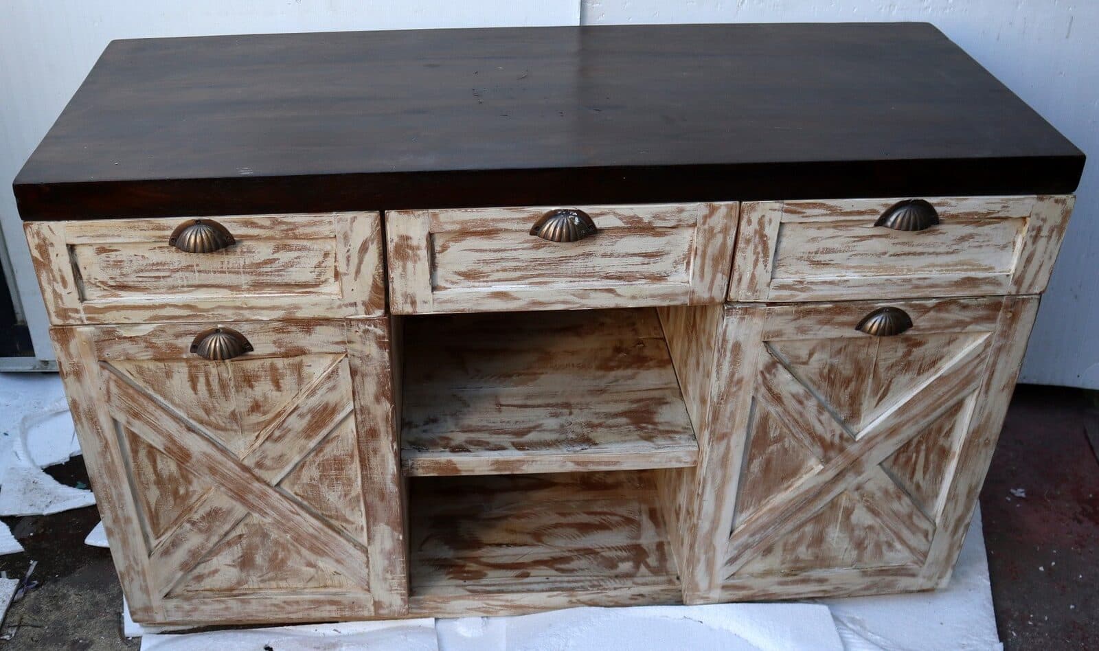 Mobile bagno  o porta TV in Teak massello  cm 120x45x75h decapato con ante e cassetti o porta Tv country - 3