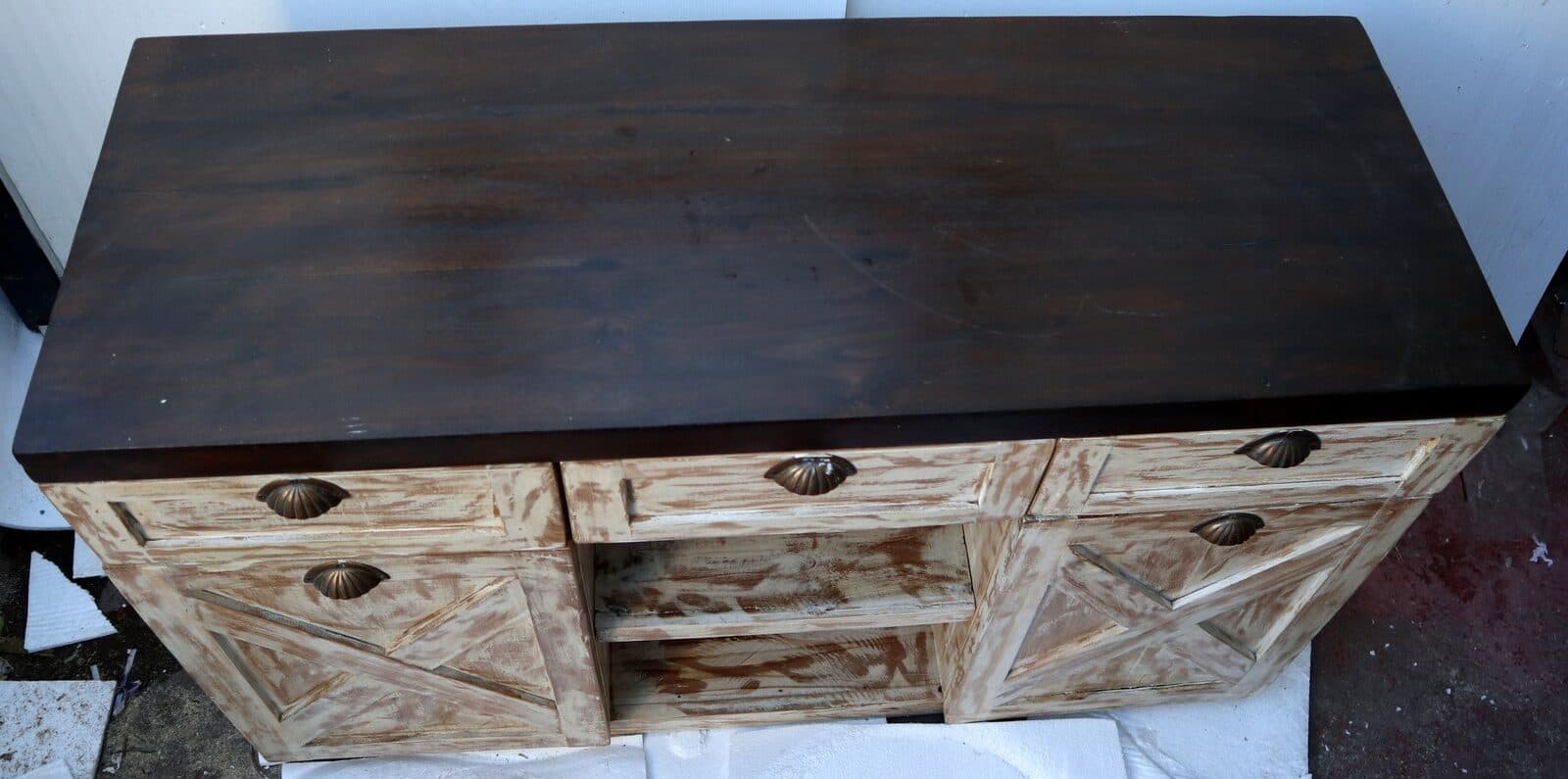 Mobile bagno  o porta TV in Teak massello  cm 120x45x75h decapato con ante e cassetti o porta Tv country - 4