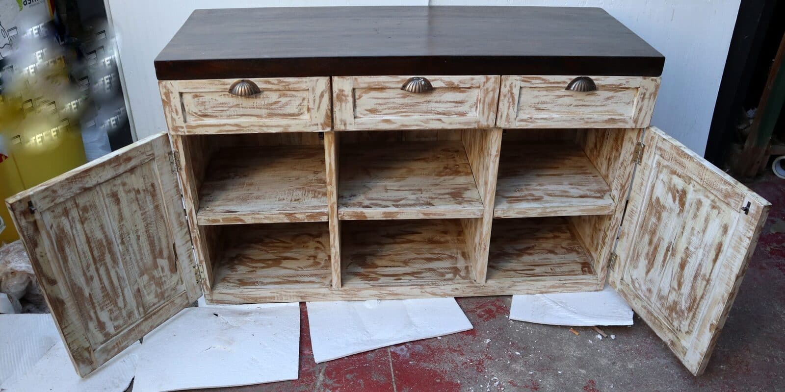 Mobile bagno  o porta TV in Teak massello  cm 120x45x75h decapato con ante e cassetti o porta Tv country - 5