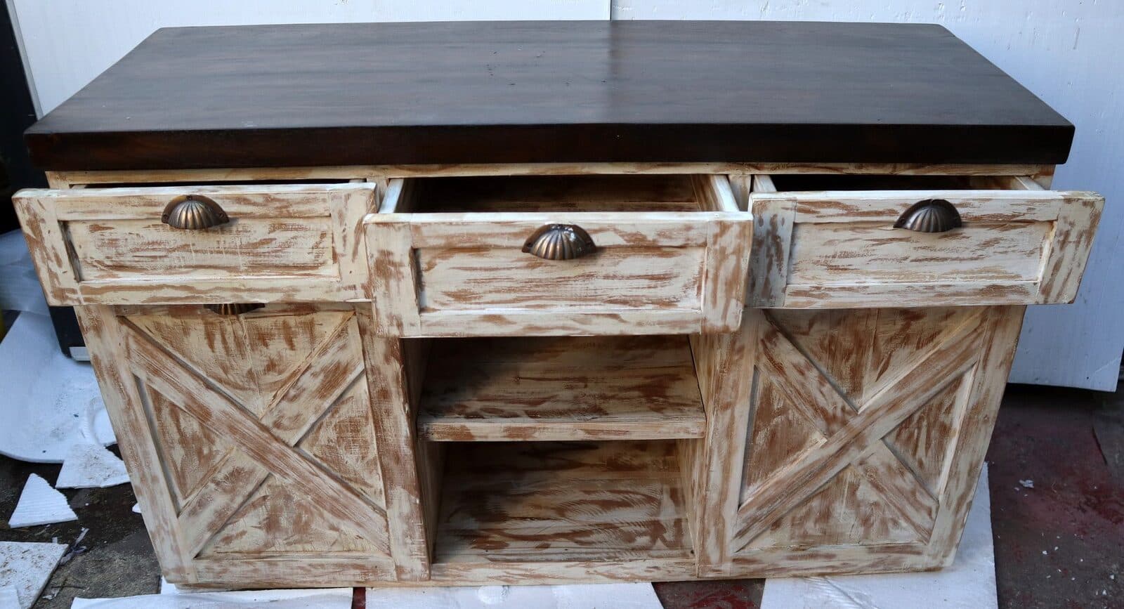 Mobile bagno  o porta TV in Teak massello  cm 120x45x75h decapato con ante e cassetti o porta Tv country - 6