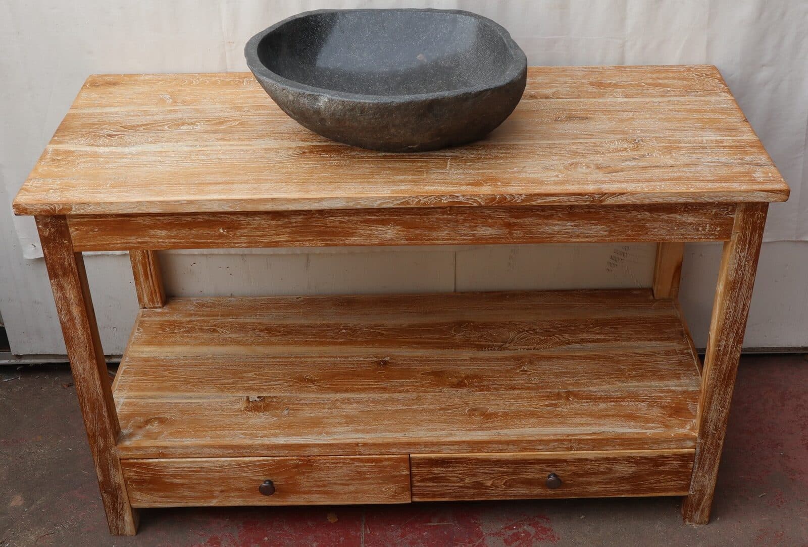 Mobile bagno in Teak massello bianco decapato cm 120x50x75h con cassetti e ripiano o porta Tv - 2