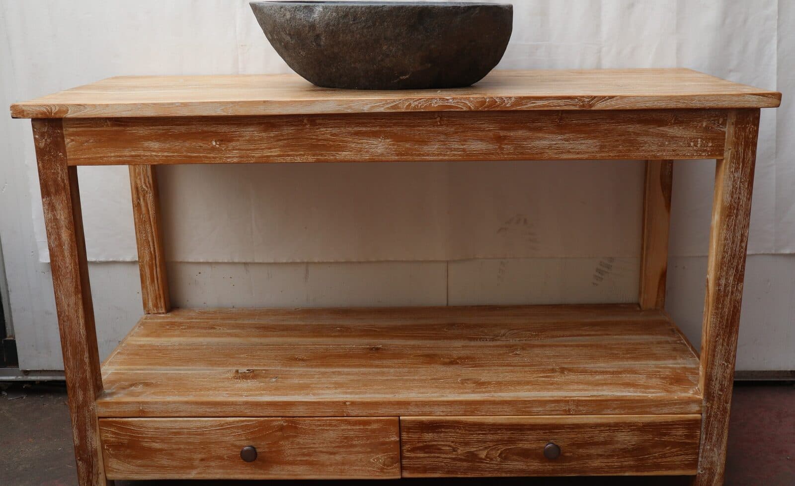 Mobile bagno in Teak massello bianco decapato cm 120x50x75h con cassetti e ripiano o porta Tv - 3