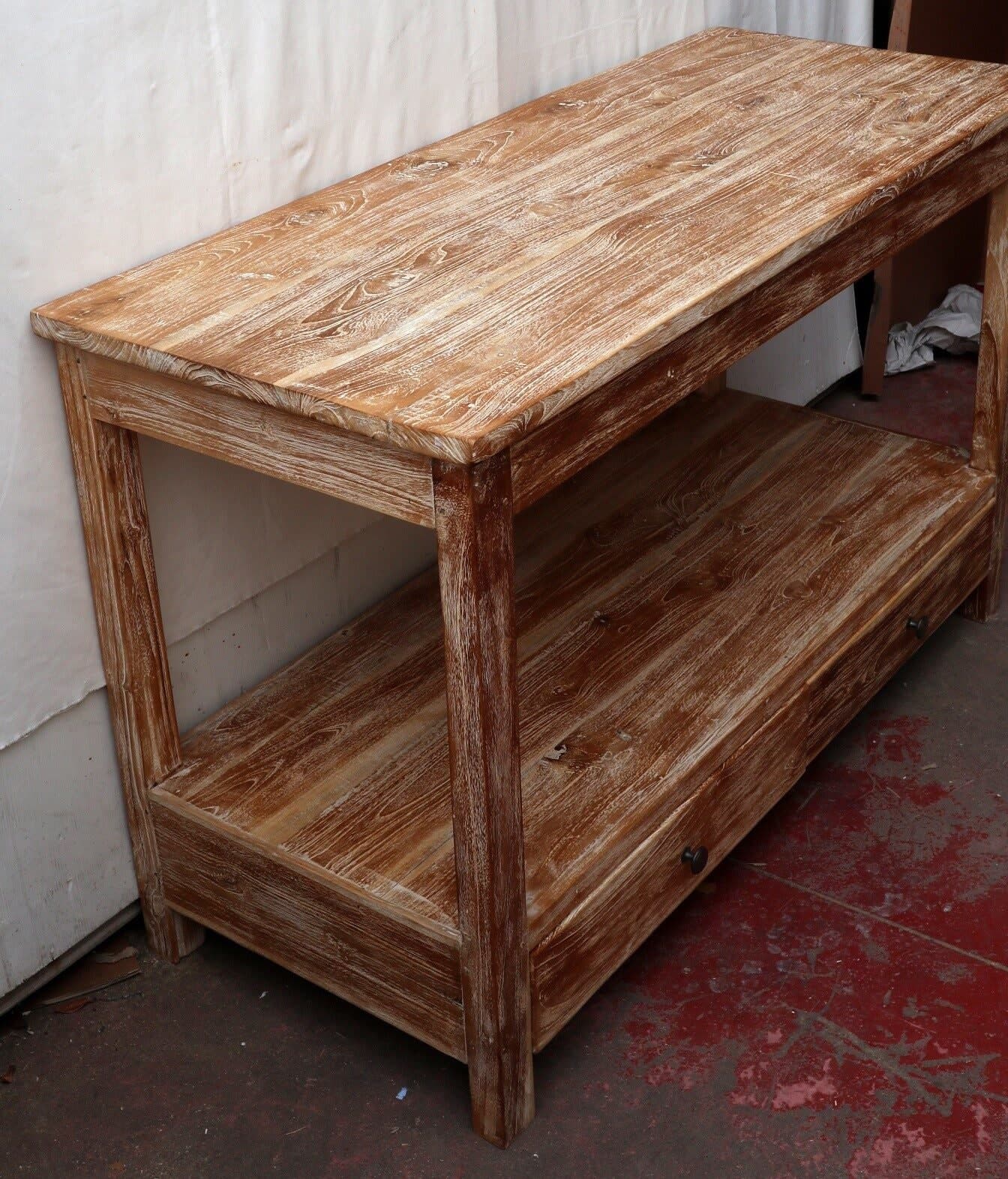 Mobile bagno in Teak massello bianco decapato cm 120x50x75h con cassetti e ripiano o porta Tv - 6