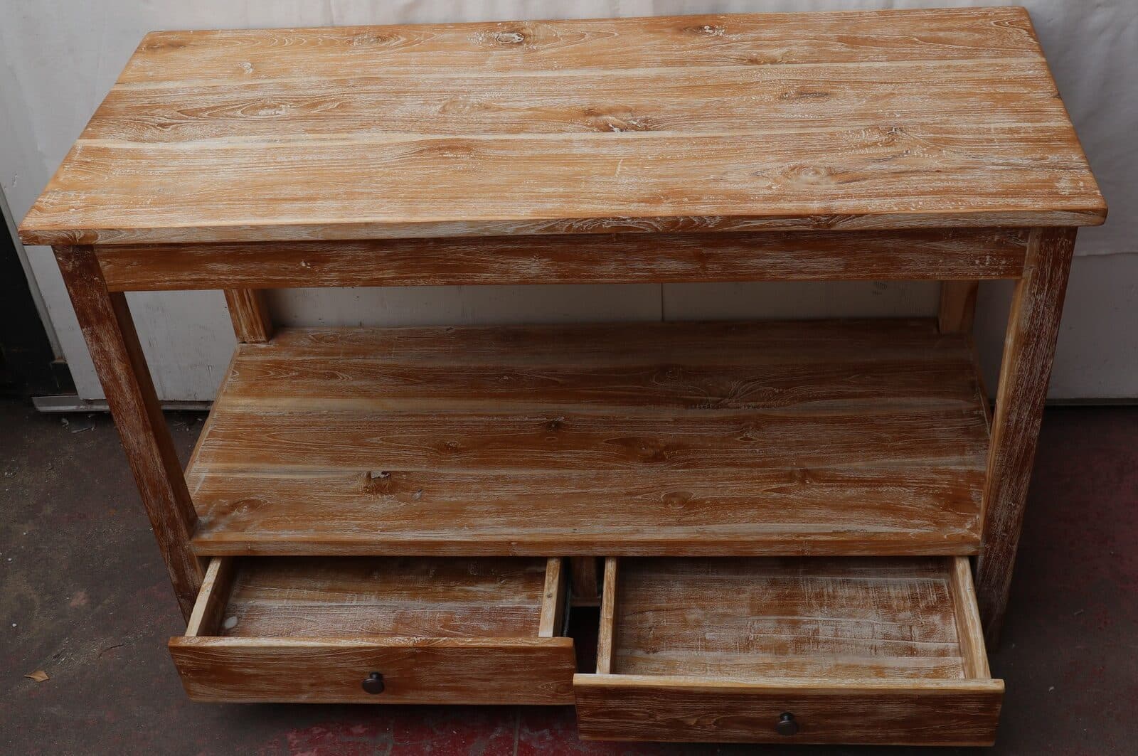 Mobile bagno in Teak massello bianco decapato cm 120x50x75h con cassetti e ripiano o porta Tv - 7