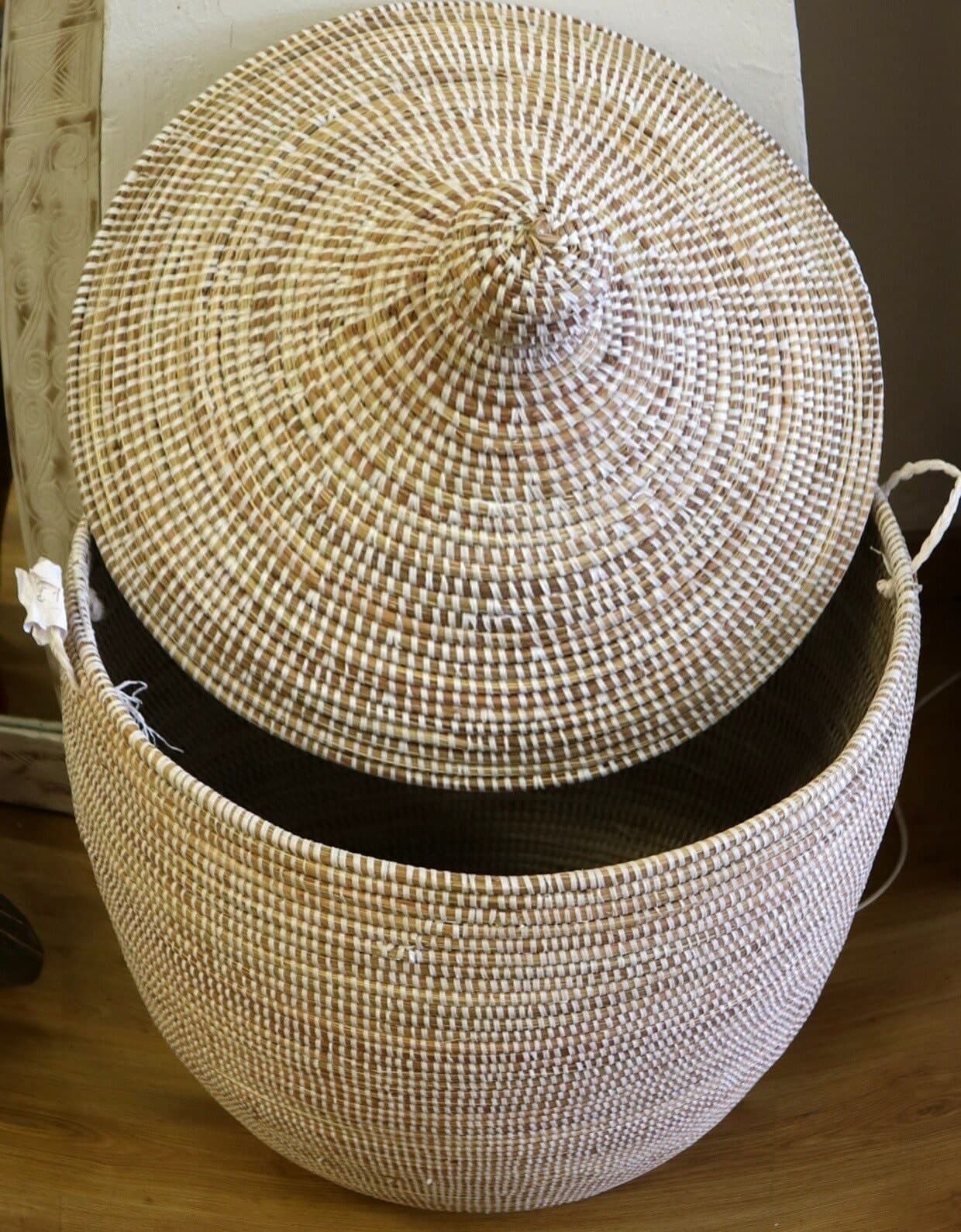 Cesto da Biancheria in Paglia Senegalese con Coperchio - Fatto a Mano cm 90x44 - 5