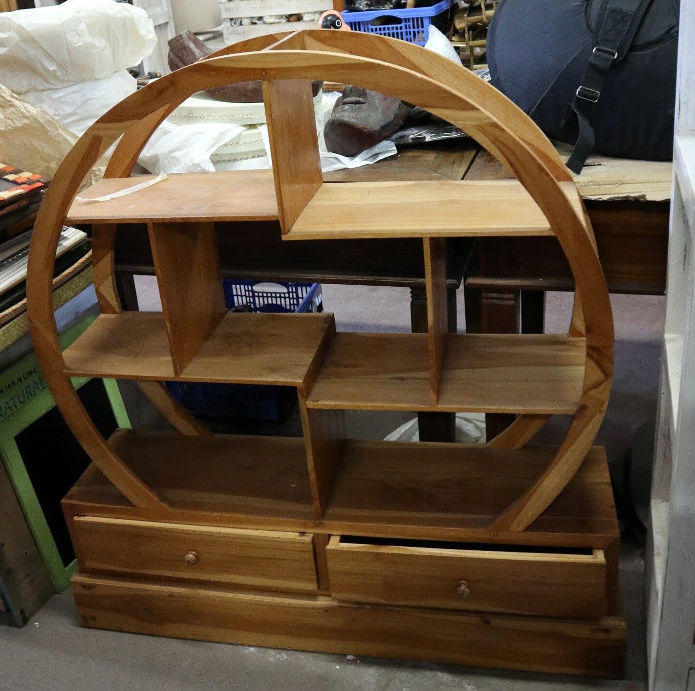 Mobile Tondo in Legno di Teak – Design Etnico con Cassetti – cm 100x27x110h - 9