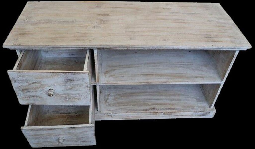 Mobile Porta TV in Legno di Albesia 100x40x50 cm – Finitura Decapata Chiara – Artigianato Indonesiano - 2