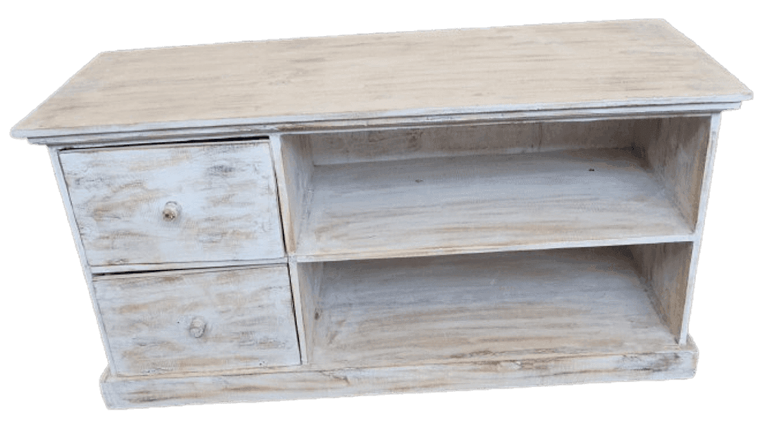 Mobile Porta TV in Legno di Albesia 100x40x50 cm – Finitura Decapata Chiara – Artigianato Indonesiano - 3