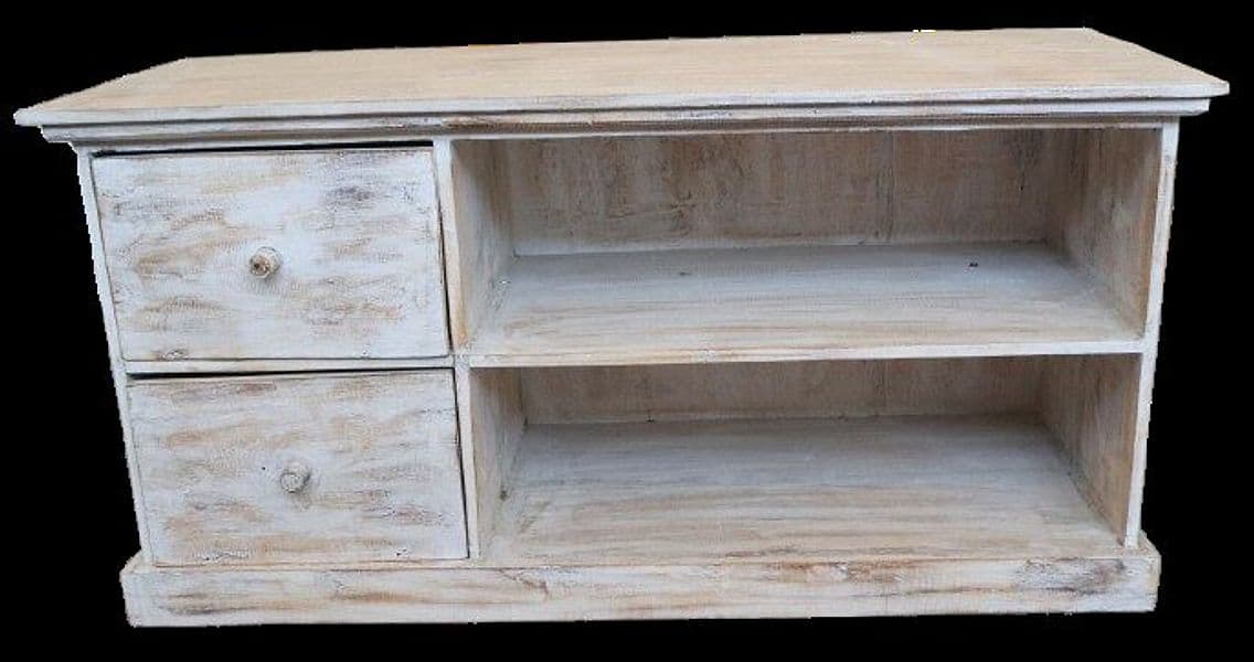 Mobile Porta TV in Legno di Albesia 100x40x50 cm – Finitura Decapata Chiara – Artigianato Indonesiano - 5