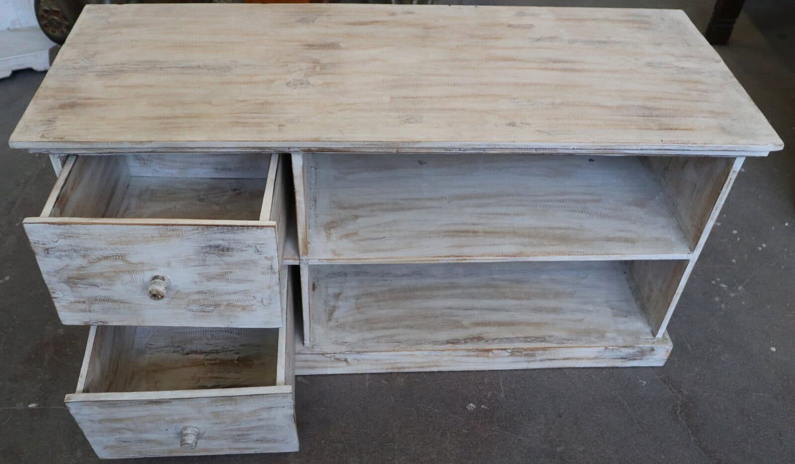 Mobile Porta TV in Legno di Albesia 100x40x50 cm – Finitura Decapata Chiara – Artigianato Indonesiano - 8