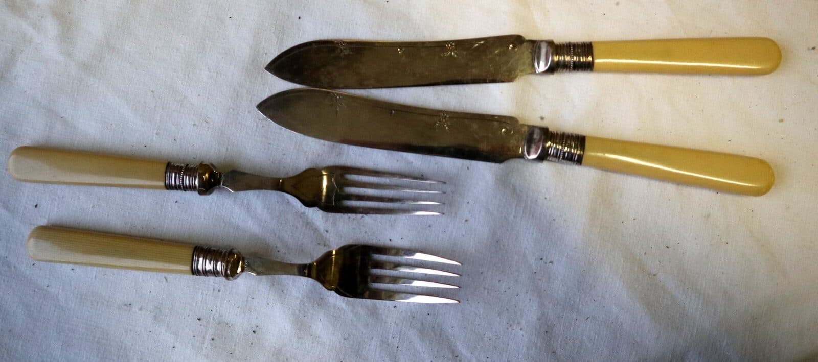 Servizio Posate da Pesce Inglesi Fine ‘800 – Inizio ‘900 – Manici Color Avorio, 6 Forchette e 6 Coltelli Cesellati – Set Antico - 16
