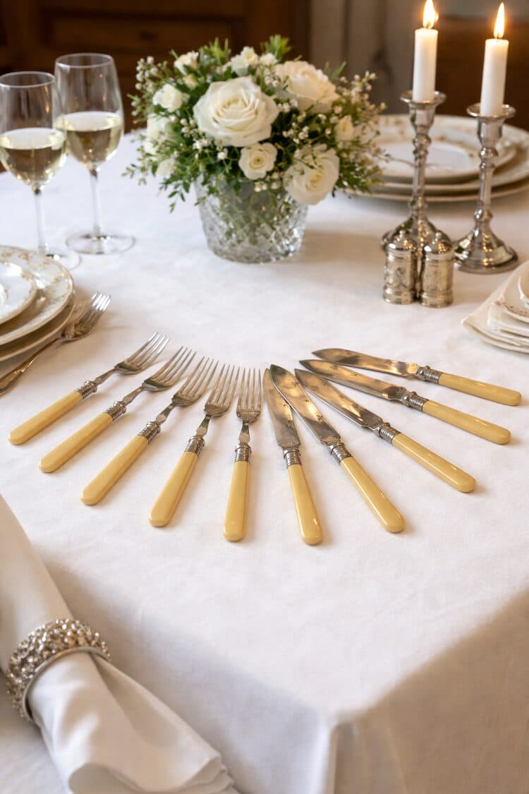 Servizio Posate da Pesce Inglesi Fine ‘800 – Inizio ‘900 – Manici Color Avorio, 6 Forchette e 6 Coltelli Cesellati – Set Antico - 3