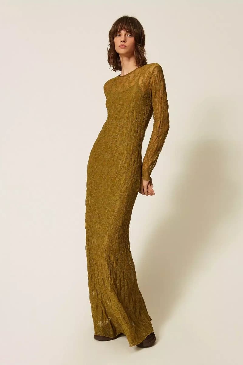 Abito lungo in pizzo stretch con sottoveste | TWINSET - 1