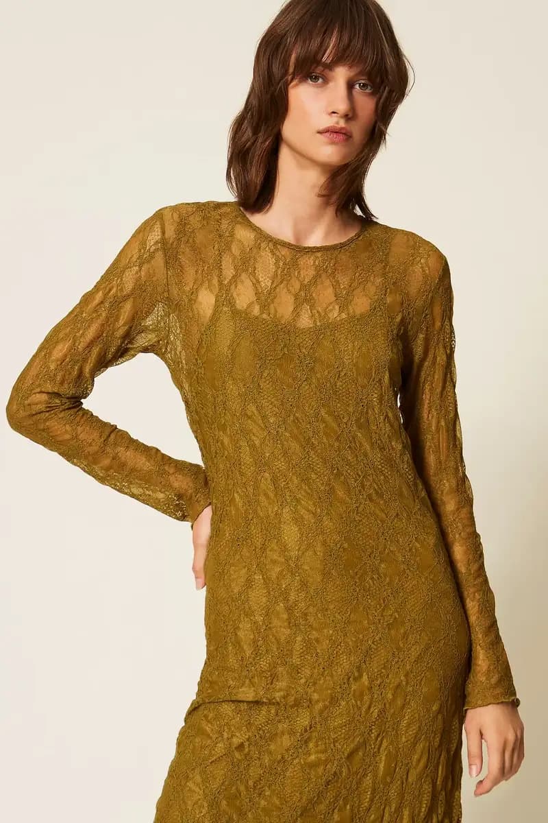 Abito lungo in pizzo stretch con sottoveste | TWINSET - 3