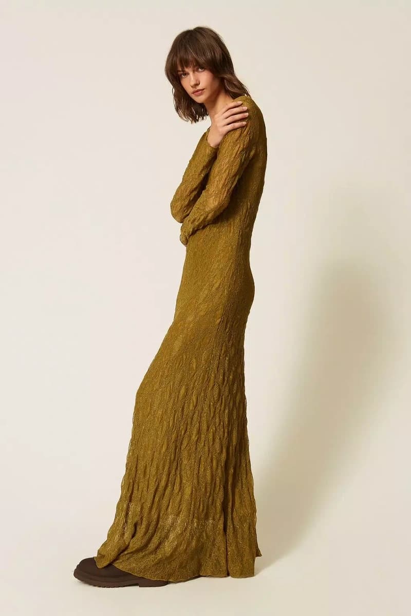 Abito lungo in pizzo stretch con sottoveste | TWINSET - 4
