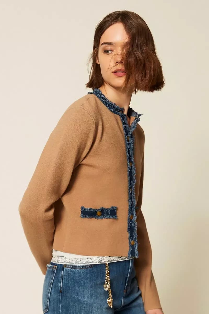 Cardigan fitted con passamaneria denim | TWINSET - 3