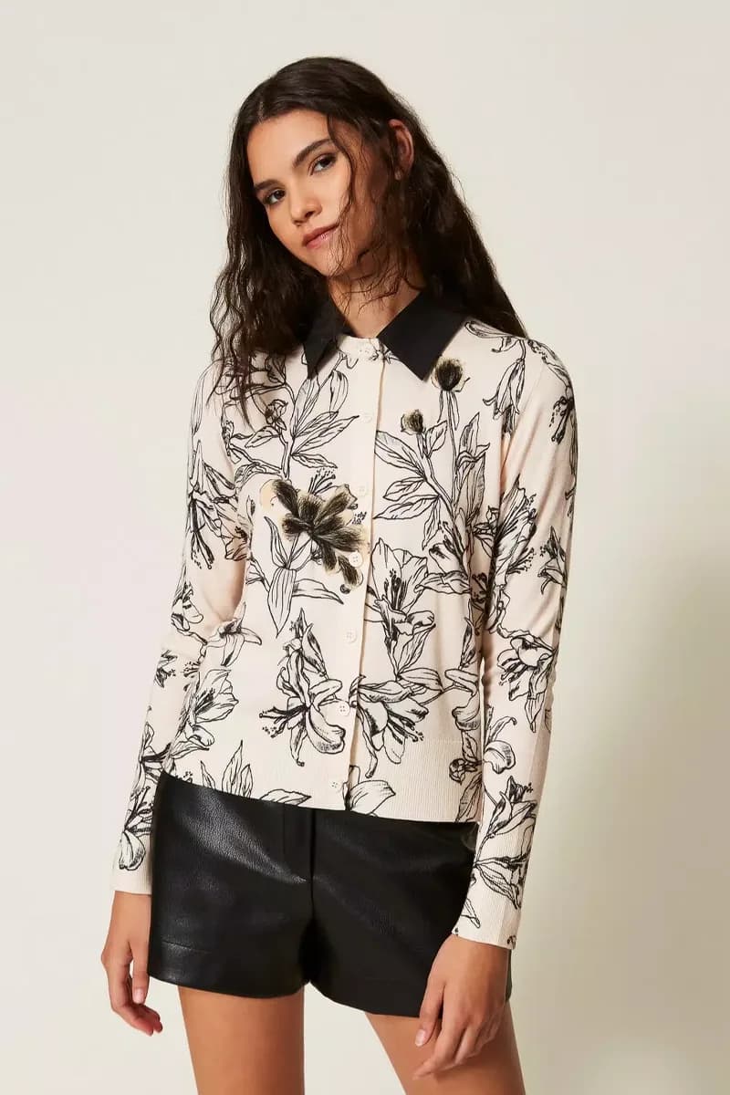 Cardigan in maglia floreale con colletto | TWINSET - 5