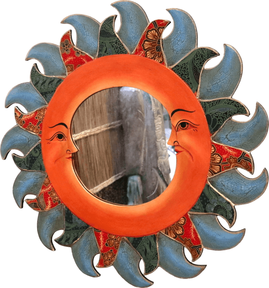 Specchio Sole e Luna in Legno Dipinto a Mano con Batik – Decorazione Etnica Indonesia Ø 60 cm - 2