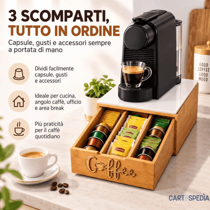 Cartospedia - Porta Capsule Caffè in Bambù - 3 Scomparti - 30x30x10 cm - 2
