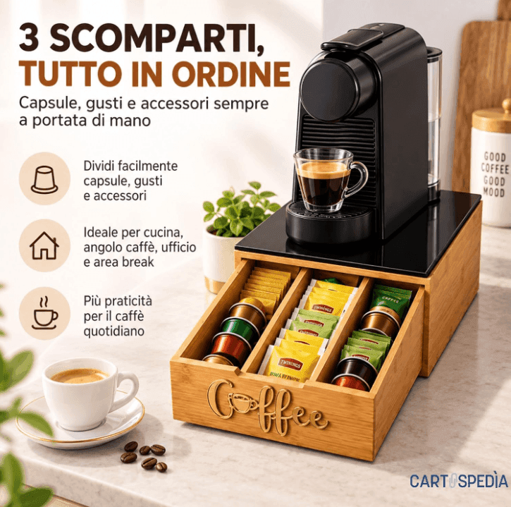 Cartospedia - Porta Capsule Caffè in Bambù - 3 Scomparti - 30x30x10 cm - 7