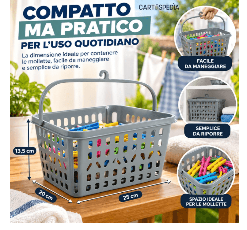 Cartospedia - Cestino Porta Mollette - Da Bucato + 20 Mollette Assortite - Ampio Spazio Colore Casuale - 5