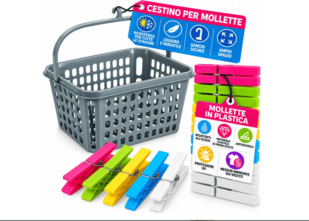 Cartospedia - Cestino Porta Mollette - Da Bucato + 20 Mollette Assortite - Ampio Spazio Colore Casuale - 6